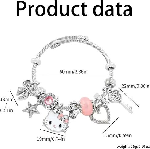 3pcs Cartoon Kitty Bracelets and Necklace Set For Valentine's Day Beads Charms Adjustable Stainless Steel Chain Accessories Cute Stuff Bangle for Women for girl birthday. in Kuwait
