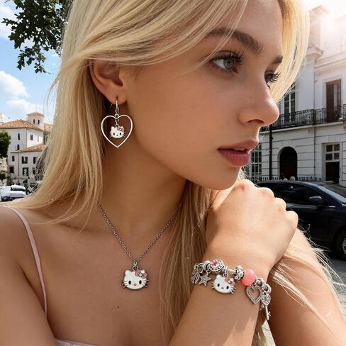 3pcs Cartoon Kitty Bracelets and Necklace Set For Valentine's Day Beads Charms Adjustable Stainless Steel Chain Accessories Cute Stuff Bangle for Women for girl birthday. in Kuwait
