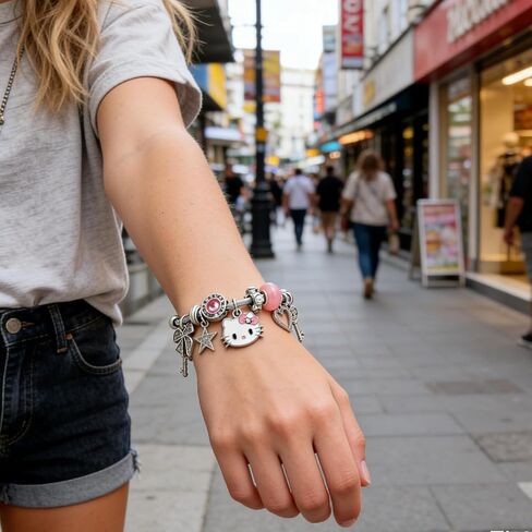 3pcs Cartoon Kitty Bracelets and Necklace Set For Valentine's Day Beads Charms Adjustable Stainless Steel Chain Accessories Cute Stuff Bangle for Women for girl birthday. in Kuwait