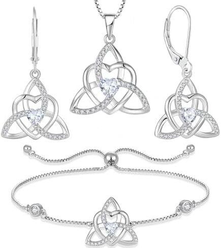 Celtic Knot Heart Jewelry Set 925 Sterling Silver Trinity Love Knot Necklace Earring Bracelet White Birthstone April Jewelry Gifts for Women in Kuwait