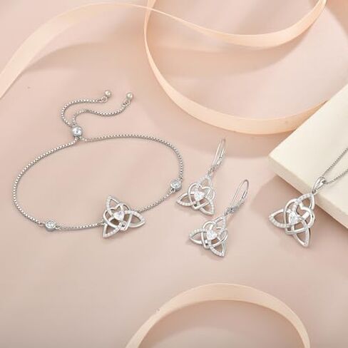 Celtic Knot Heart Jewelry Set 925 Sterling Silver Trinity Love Knot Necklace Earring Bracelet White Birthstone April Jewelry Gifts for Women in Kuwait