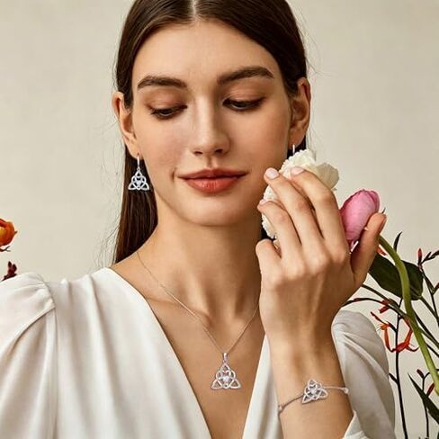 Celtic Knot Heart Jewelry Set 925 Sterling Silver Trinity Love Knot Necklace Earring Bracelet White Birthstone April Jewelry Gifts for Women in Kuwait