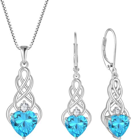FJ Infinity Celtic Knot Jewelry Set for Women 925 Sterling Silver Aquamarine Necklace and Earrings Set March Birthstone Jewelry Gifts in Kuwait