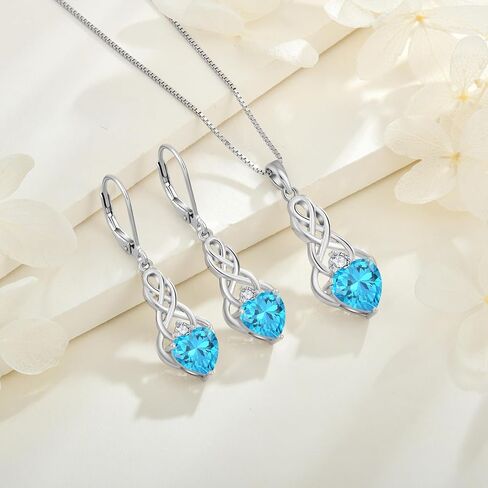 FJ Infinity Celtic Knot Jewelry Set for Women 925 Sterling Silver Aquamarine Necklace and Earrings Set March Birthstone Jewelry Gifts in Kuwait