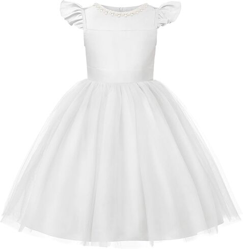 Uhnice Flower Girl Tulle Dress for Girls with Pearl Neckline Flutter Sleeves Knee Length Wedding Party Dress in Kuwait