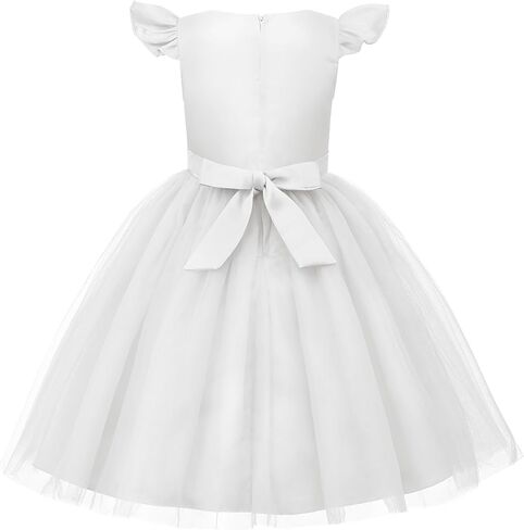 Uhnice Flower Girl Tulle Dress for Girls with Pearl Neckline Flutter Sleeves Knee Length Wedding Party Dress in Kuwait