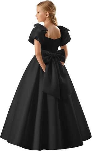 Satin Flower Girl Dress Bow Shoulder A-Line Ball Gowns for Wedding Puff Sleeve Formal Communion Party Dresses in Saudi Arabia