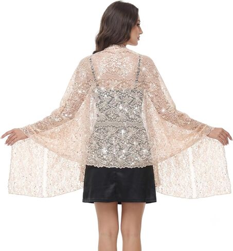 Ladiery Shawls and Wraps for Evening Dresses,Sparkly Sequin Lace Shawl with Rhinestones, Formal Sheer Wedding Wraps for Women in Saudi Arabia