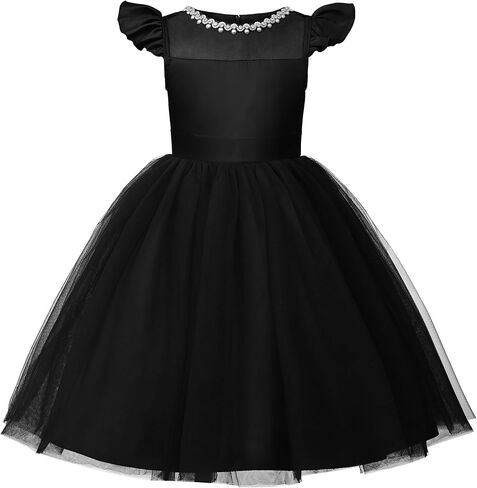 Uhnice Flower Girl Tulle Dress for Girls with Pearl Neckline Flutter Sleeves Knee Length Wedding Party Dress in Kuwait