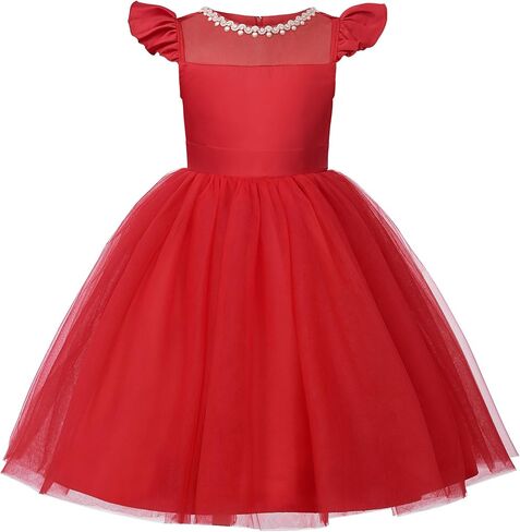 Uhnice Flower Girl Tulle Dress for Girls with Pearl Neckline Flutter Sleeves Knee Length Wedding Party Dress in Kuwait