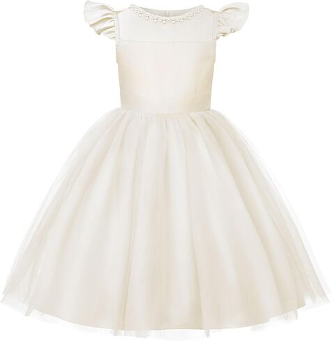 Uhnice Flower Girl Tulle Dress for Girls with Pearl Neckline Flutter Sleeves Knee Length Wedding Party Dress in Kuwait