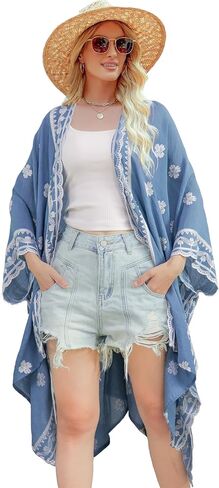 Womens Swimsuit Cover Up Embroidery Print Kimono Cardigan Beach Dress Floral Bikini Swimwear Coverup for Summer in Saudi Arabia