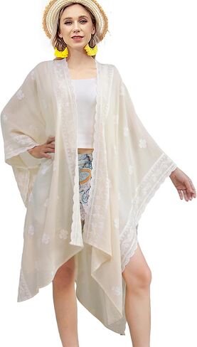 Womens Swimsuit Cover Up Embroidery Print Kimono Cardigan Beach Dress Floral Bikini Swimwear Coverup for Summer in Saudi Arabia