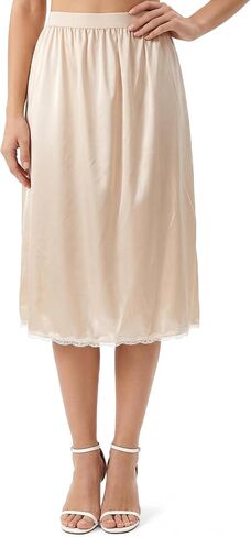 Satain Half Slip for Women Under Dress, Long Under Dress Slip with Slit Lace Trin, Nude Slips Skirt for Women(S-XXL, Champagne) in Saudi Arabia