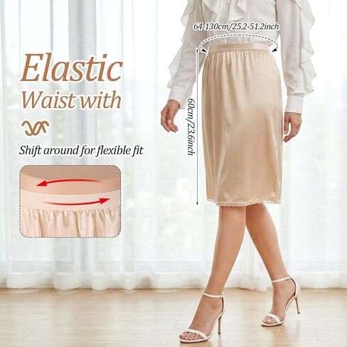 Satain Half Slip for Women Under Dress, Long Under Dress Slip with Slit Lace Trin, Nude Slips Skirt for Women(S-XXL, Champagne) in Saudi Arabia