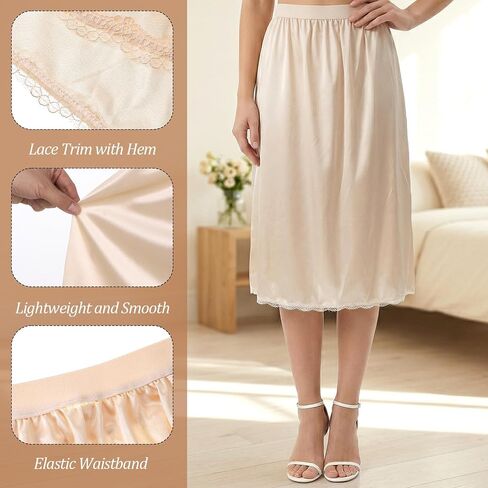 Satain Half Slip for Women Under Dress, Long Under Dress Slip with Slit Lace Trin, Nude Slips Skirt for Women(S-XXL, Champagne) in Saudi Arabia