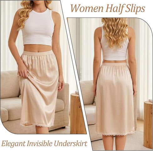 Satain Half Slip for Women Under Dress, Long Under Dress Slip with Slit Lace Trin, Nude Slips Skirt for Women(S-XXL, Champagne) in Saudi Arabia