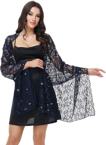 Ladiery Shawls and Wraps for Evening Dresses,Sparkly Sequin Lace Shawl with Rhinestones, Formal Sheer Wedding Wraps for Women in Saudi Arabia