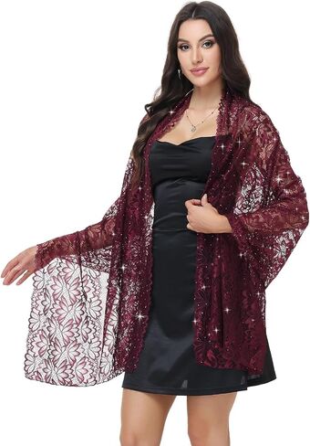 Ladiery Shawls and Wraps for Evening Dresses,Sparkly Sequin Lace Shawl with Rhinestones, Formal Sheer Wedding Wraps for Women in Saudi Arabia