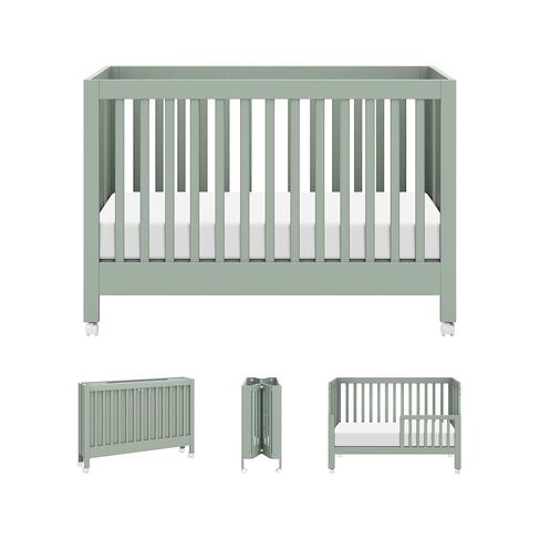 Babyletto Maki Full-Size 2-in-1 Portable Folding Crib with Toddler Bed Conversion Kit in Light Sage, Greenguard Gold Certified in Saudi Arabia