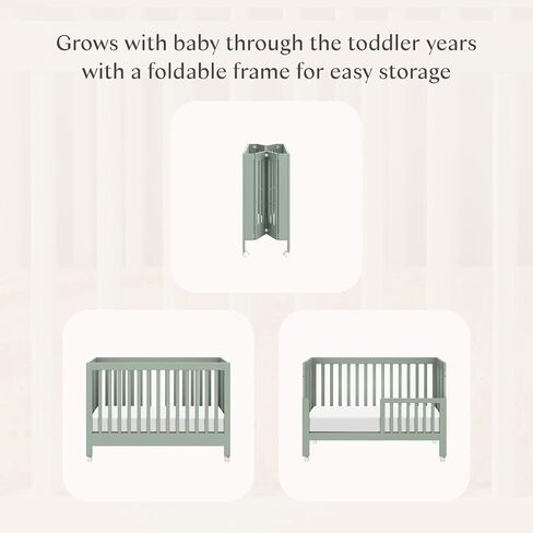 Babyletto Maki Full-Size 2-in-1 Portable Folding Crib with Toddler Bed Conversion Kit in Light Sage, Greenguard Gold Certified in Saudi Arabia