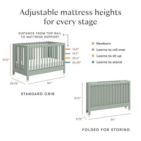 Babyletto Maki Full-Size 2-in-1 Portable Folding Crib with Toddler Bed Conversion Kit in Light Sage, Greenguard Gold Certified in Saudi Arabia