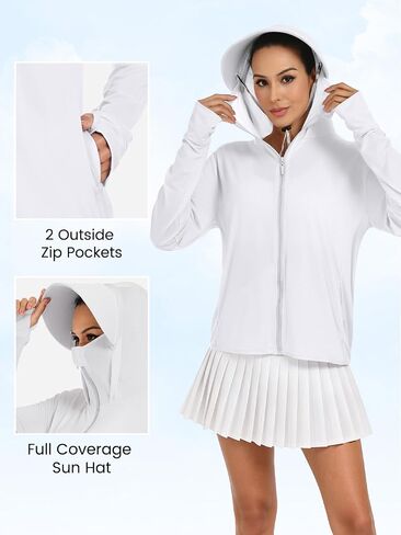 VUTRU Women UPF 50+ Sun Protection Jacket Hoodie Full Zip Pockets Running Yoga Shirts Long Sleeve for Sports Outdoor, White S in Saudi Arabia