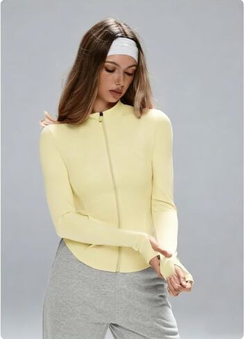 Women's Stand Collar Slim Fit Yoga Jacket Long Sleeve Full-Zip Workout Athletic Yoga Tops for Pilates & Gym Use, Lightweight Zip Up Jacket (Yellow M) in Kuwait