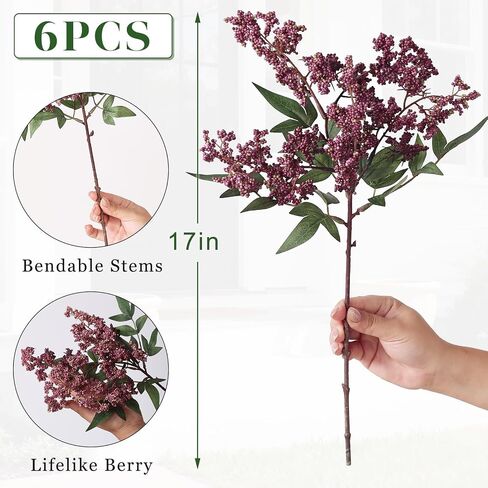 Juxdp 6 Pcs Artificial Nandina Berry Stem for Vase - 17" Realistic Faux Berry Spray, Fake Plant Branches with Stems for DIY Bouquet, Shower, Farmhouse, Mantel, Home Decor (Dusty Plum) in Saudi Arabia