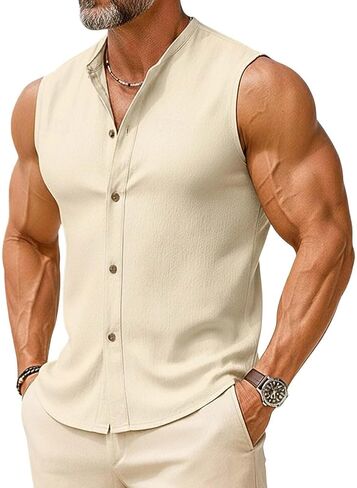 Mens Casual Linen Shirts for Summer Tank Tops Button Up Sleeveless Vest Beach Shirt Fitted T Shirts Tropical Outfits in Saudi Arabia