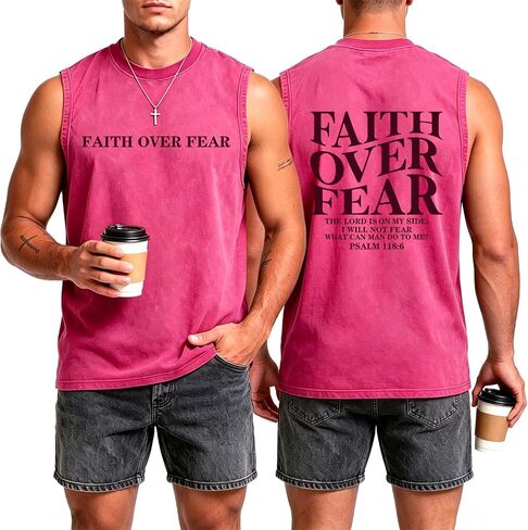Mens Faith Over Fear Christian Front and Back Print Vintage Washed Tank Top Sleeveless Crewneck Casual Tee in Kuwait