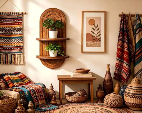 Boho Wall Shelf Decor Plant Wall Shelf Mid Century Modern Decor Hanging Plant Shelves, 2 Tier Wooden Art Floating Shelves for Home Bathroom Bedroom Living Room Planter in Saudi Arabia