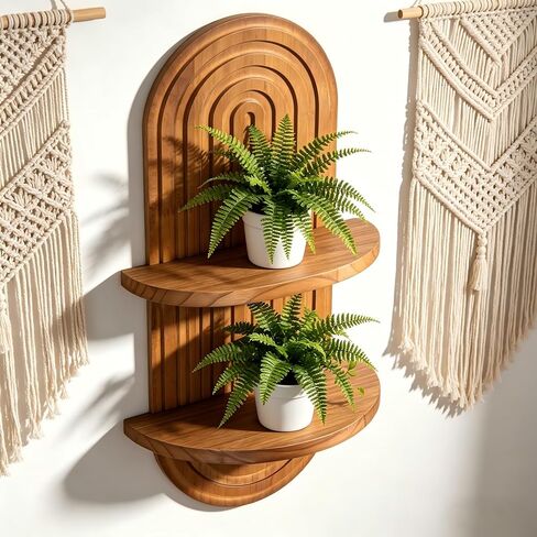 Boho Wall Shelf Decor Plant Wall Shelf Mid Century Modern Decor Hanging Plant Shelves, 2 Tier Wooden Art Floating Shelves for Home Bathroom Bedroom Living Room Planter in Saudi Arabia