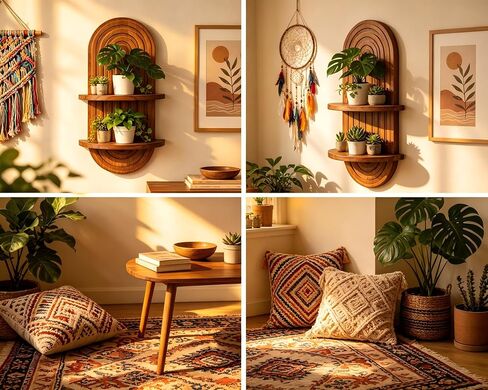 Boho Wall Shelf Decor Plant Wall Shelf Mid Century Modern Decor Hanging Plant Shelves, 2 Tier Wooden Art Floating Shelves for Home Bathroom Bedroom Living Room Planter in Saudi Arabia