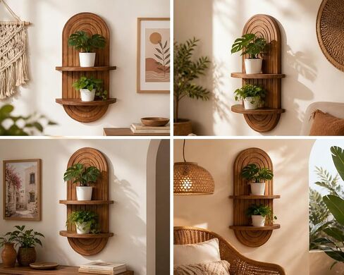 Boho Wall Shelf Decor Plant Wall Shelf Mid Century Modern Decor Hanging Plant Shelves, 2 Tier Wooden Art Floating Shelves for Home Bathroom Bedroom Living Room Planter in Saudi Arabia
