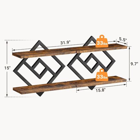 ELYKEN Floating Shelves for Wall, Set of 2 Hanging Shelves, 2-Tier Wall Mounted Storage Shelves for Books & Decor, Perfect for Living Room, Bedroom, Kitchen, Home Office, Study, Rustic Brown in Kuwait