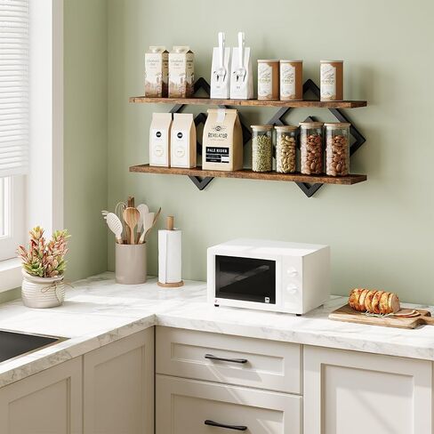 ELYKEN Floating Shelves for Wall, Set of 2 Hanging Shelves, 2-Tier Wall Mounted Storage Shelves for Books & Decor, Perfect for Living Room, Bedroom, Kitchen, Home Office, Study, Rustic Brown in Kuwait