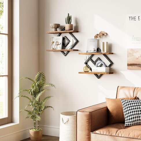 ELYKEN Floating Shelves for Wall, Set of 2 Hanging Shelves, 2-Tier Wall Mounted Storage Shelves for Books & Decor, Perfect for Living Room, Bedroom, Kitchen, Home Office, Study, Rustic Brown in Kuwait