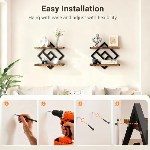 ELYKEN Floating Shelves for Wall, Set of 2 Hanging Shelves, 2-Tier Wall Mounted Storage Shelves for Books & Decor, Perfect for Living Room, Bedroom, Kitchen, Home Office, Study, Rustic Brown in Kuwait