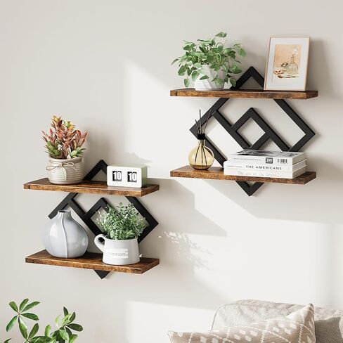 ELYKEN Floating Shelves for Wall, Set of 2 Hanging Shelves, 2-Tier Wall Mounted Storage Shelves for Books & Decor, Perfect for Living Room, Bedroom, Kitchen, Home Office, Study, Rustic Brown in Kuwait