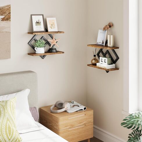 ELYKEN Floating Shelves for Wall, Set of 2 Hanging Shelves, 2-Tier Wall Mounted Storage Shelves for Books & Decor, Perfect for Living Room, Bedroom, Kitchen, Home Office, Study, Rustic Brown in Kuwait