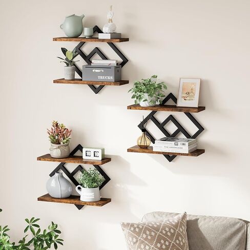 ELYKEN Floating Shelves for Wall, Set of 2 Hanging Shelves, 2-Tier Wall Mounted Storage Shelves for Books & Decor, Perfect for Living Room, Bedroom, Kitchen, Home Office, Study, Rustic Brown in Kuwait