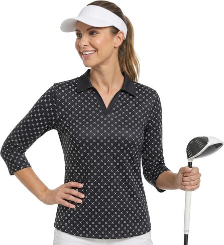 Women's Golf Shirts 3/4 Sleeve Slim Fit UPF 30+ Sun Protection Quick Dry Stretch V-Neck in Saudi Arabia