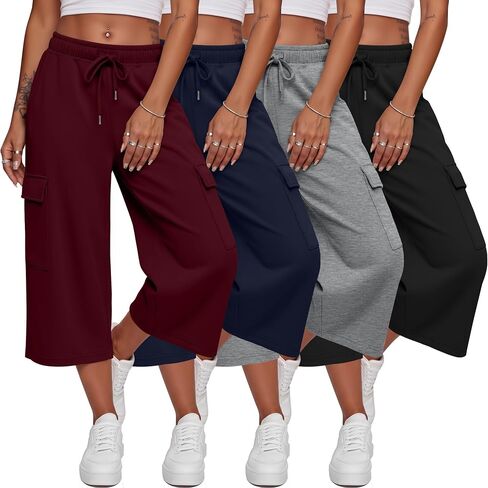 4 Pack Women's Capri Sweatpants Wide Leg Cargo Capris Elastic Waist Drawstring Loose Cropped Pants with 4 Pockets in Kuwait