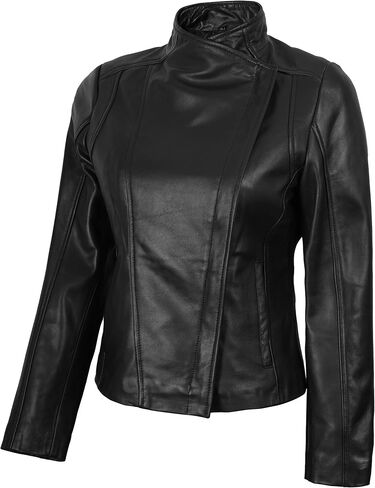 سترات جلدية غير متماثلة للنساء من fjackets - سترة نسائية من جلد الخراف الحقيقي على طراز Moto in Kuwait