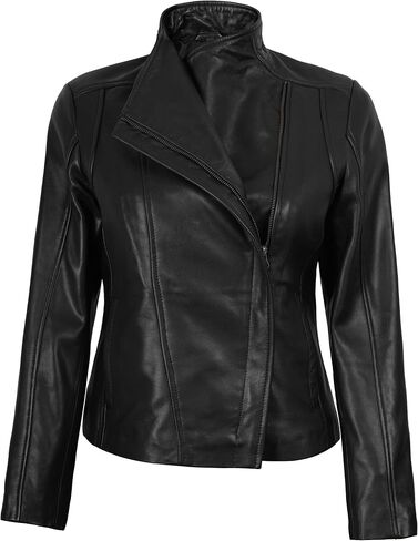سترات جلدية غير متماثلة للنساء من fjackets - سترة نسائية من جلد الخراف الحقيقي على طراز Moto in Kuwait
