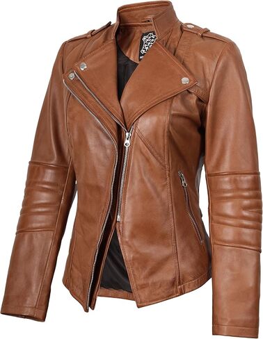 سترات جلدية غير متماثلة للنساء من fjackets - سترة نسائية من جلد الخراف الحقيقي على طراز Moto in Kuwait