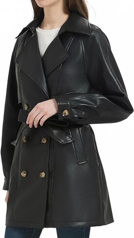 RISISSIDA Women Faux Leather Long Jacket,Mid Length Trench Coat,Relaxed Fit | Double Breasted,Removable Belt,Lapel,Soft Premium Vegan Leather,Spring Fall Transitional in Saudi Arabia