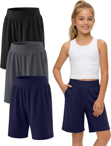 3 Pack Girls' Shorts 5-14Y Elastic High Waist Wide Leg Athletic Teen Summer Loose Running Yoga Clothes with Pockets in Saudi Arabia