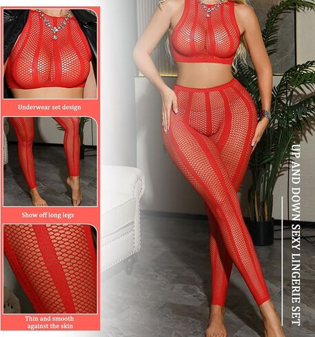 FRENZCOY Womens Fishnet Lingerie Set for Women Sexy Two Piece Lingerie Set Stripper Outfit Crop Top and Long Set in Kuwait